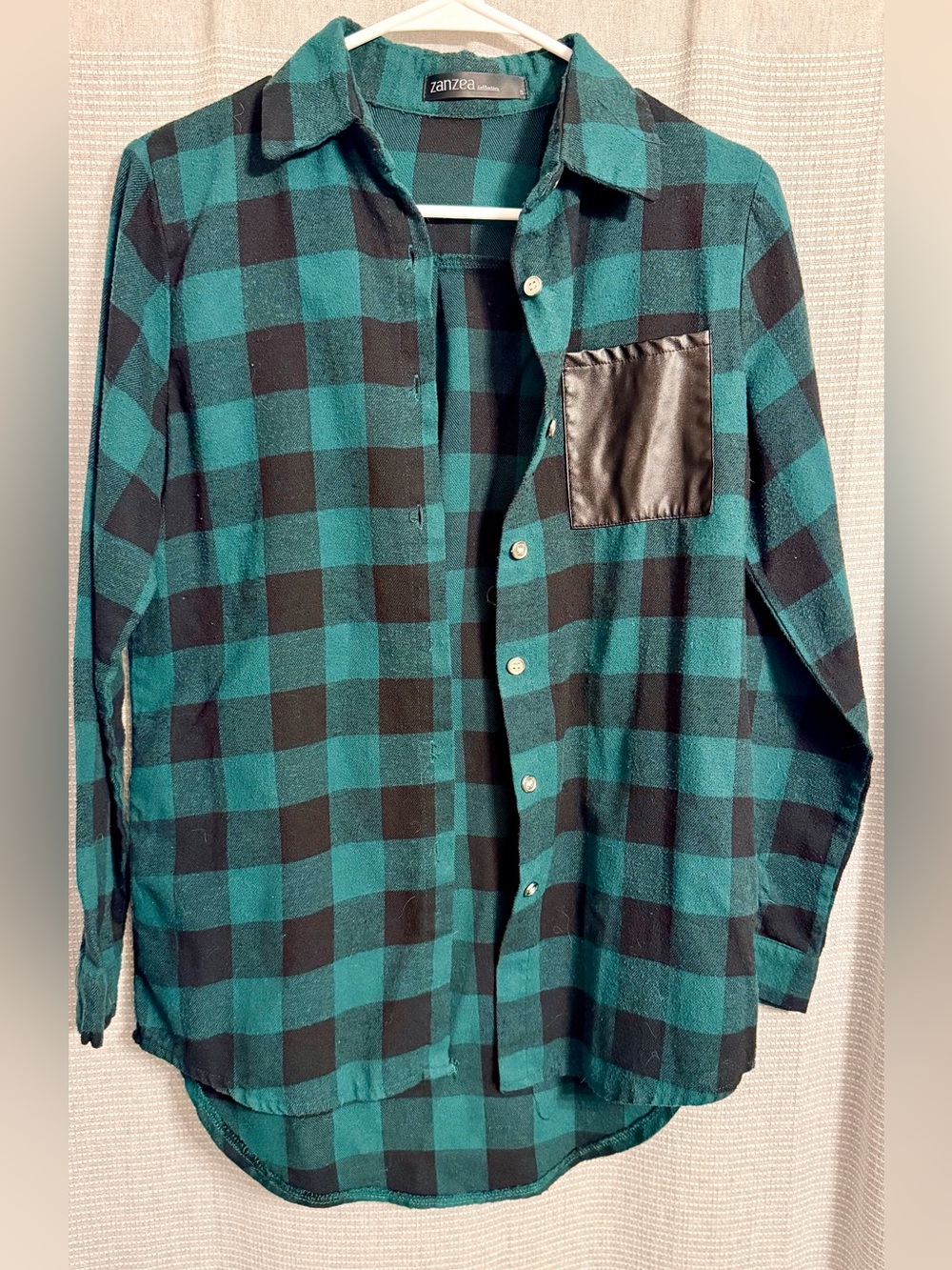 Zanzea Teal and Black Plaid Button-Down with Faux Leather Chest Pocket